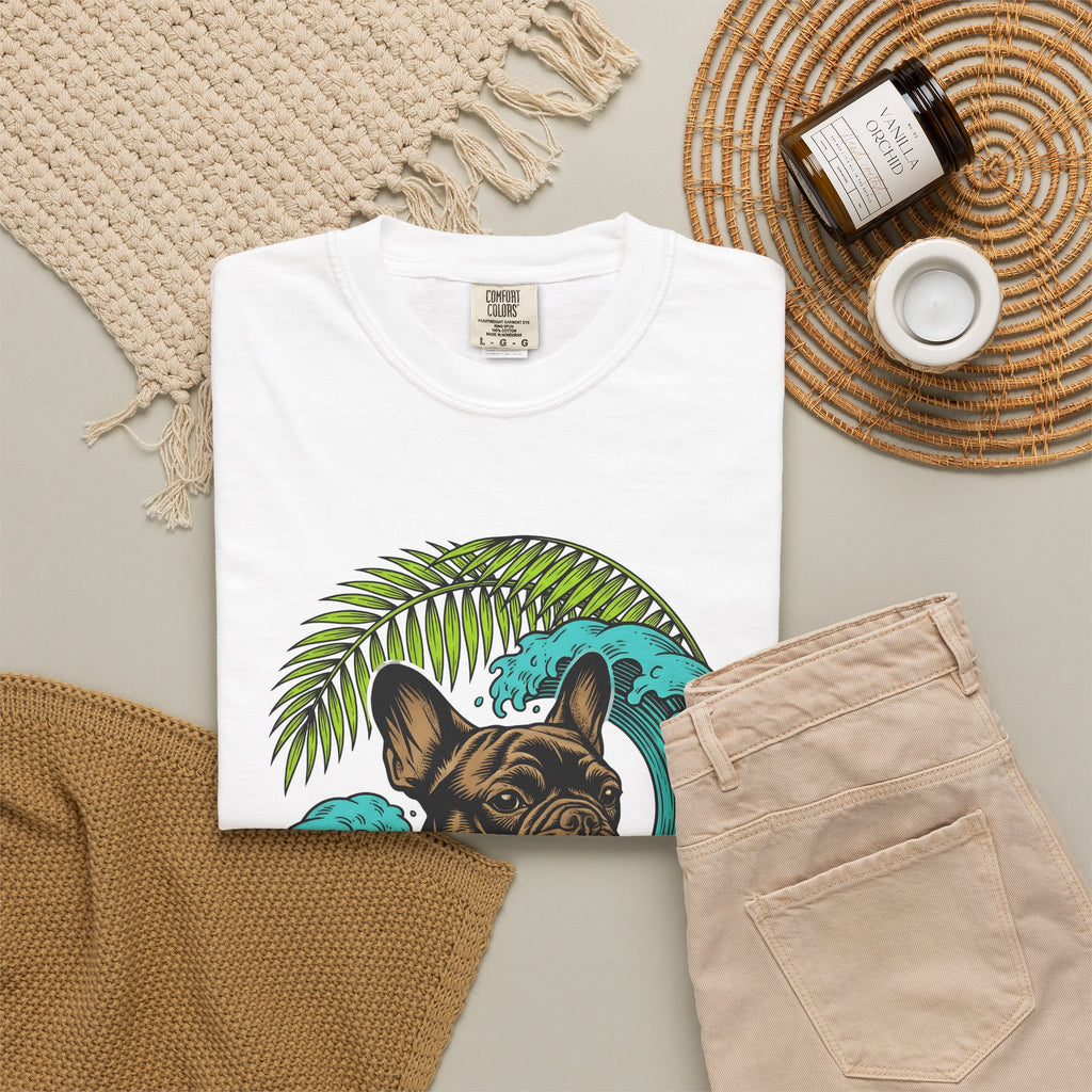 French Bulldog T-Shirt Dog Seaside Gift Women Illustrative T-Shirt Bulldog T-Shirt Dog Fan Frenchie T-Shirt Coastal Graphic Sketch Island Flower
