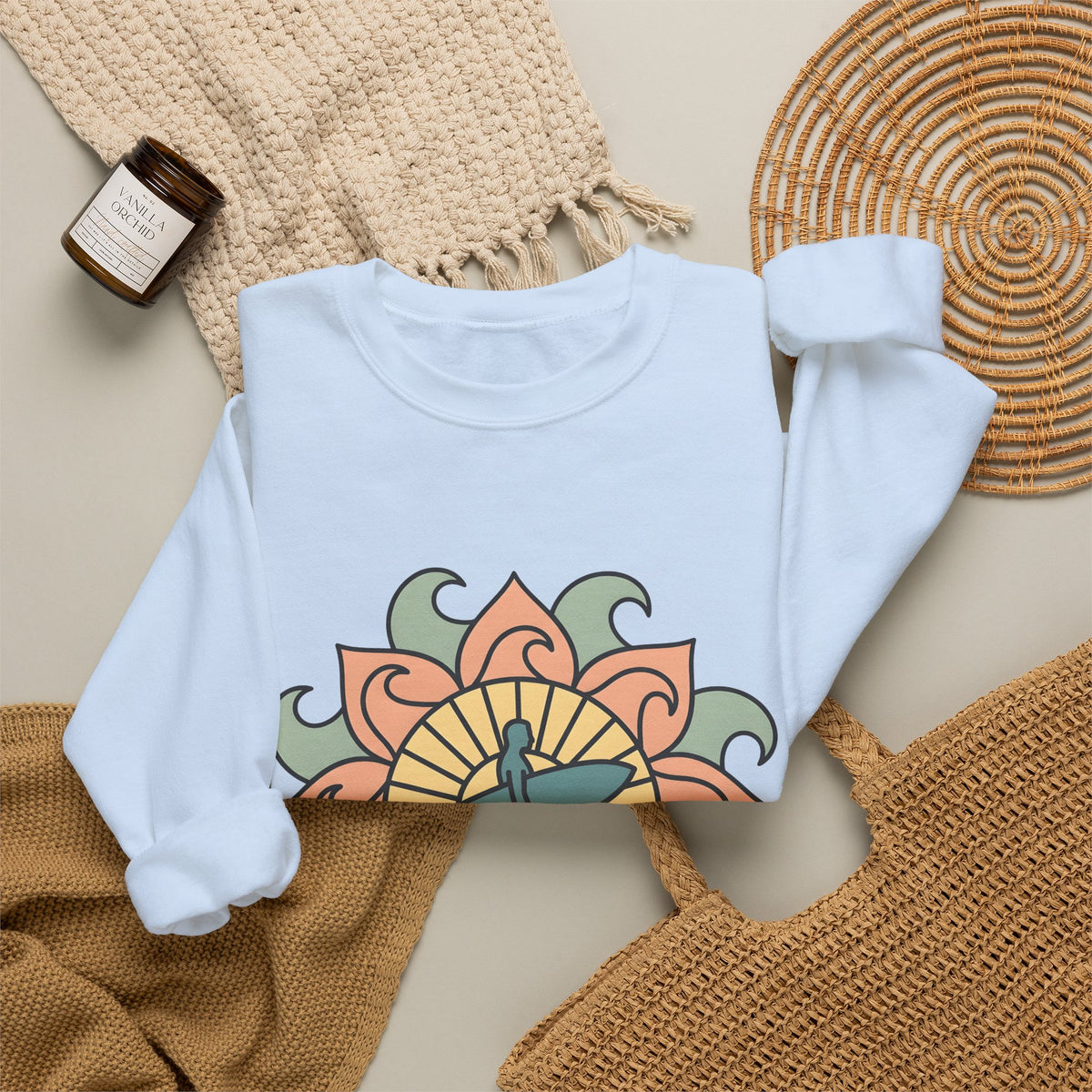 Surfer Outline Sweatshirt Sports Ocean Gift Women Hippie Sweatshirt Surfer Sweatshirt Athlete Fan Marine Graphic Sweatshirt Simple Floral Circle Sweatshirt
