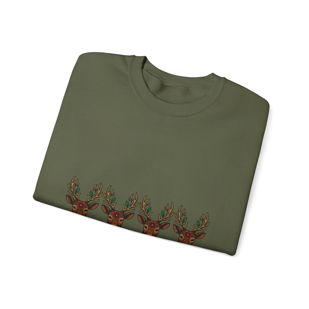 Reindeer Head Holiday Christmas Gift Folk Caribou Christmas Fan Primitive Xmas Vintage Holly Sweatshirt