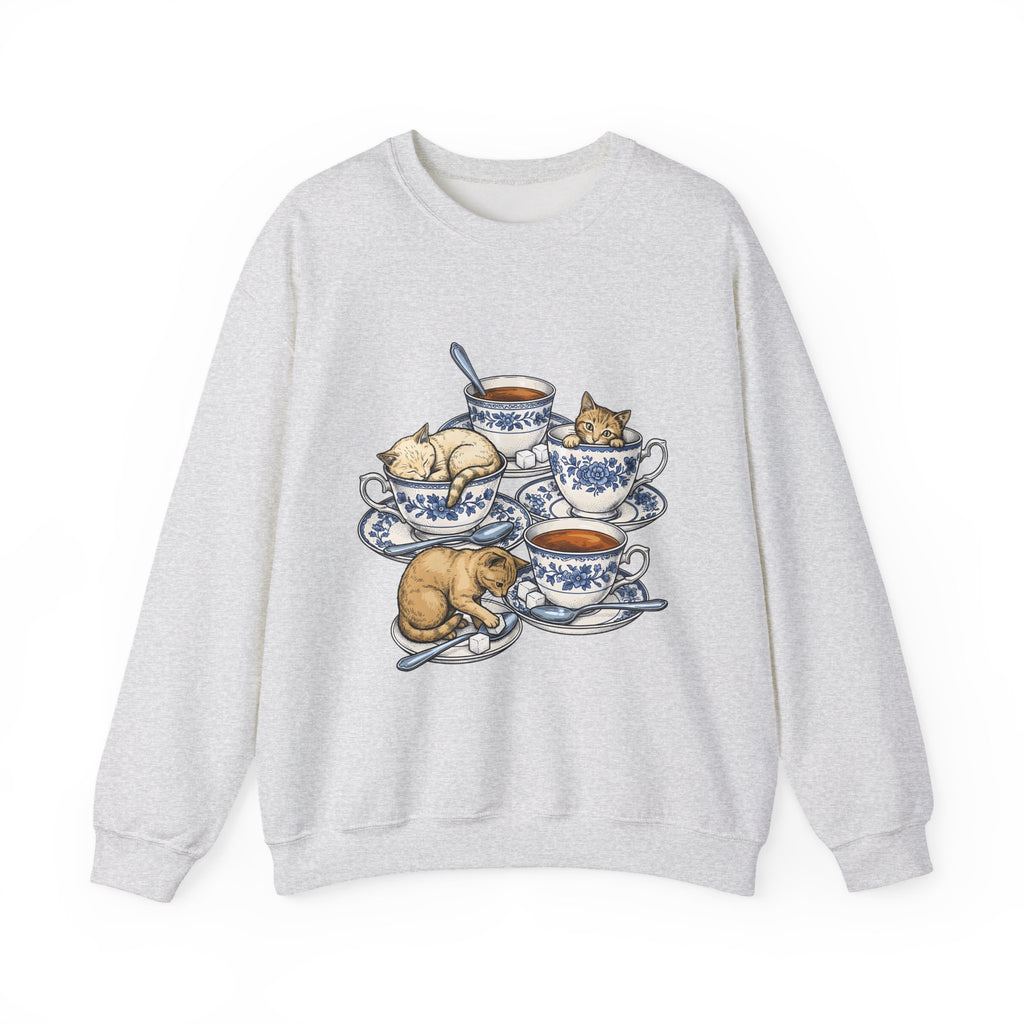 Cat Teacup Sweatshirt Cat Beverage Gift Women Retro Sweatshirt Kitty Sweatshirt Cat Fan Vintage Sweatshirt Coffee Graphic Sketch Flower Design Sweatshirt