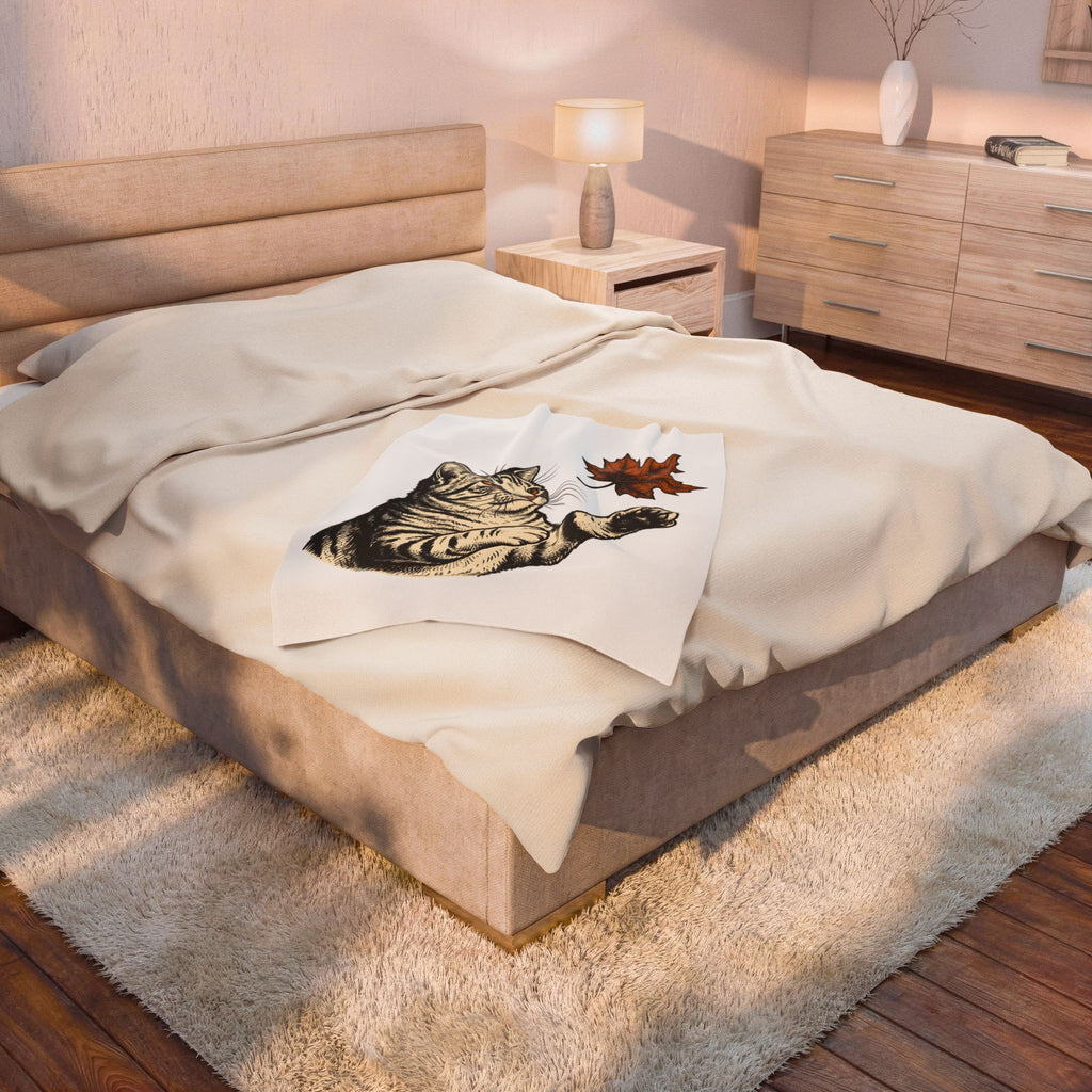 Tabby Cat Blanket Cat Autumn Gift Women Vintage Blanket Kitty Blanket Feline Fan Retro Blanket Fall Graphic Hand Drawn Maple Leaf Blanket