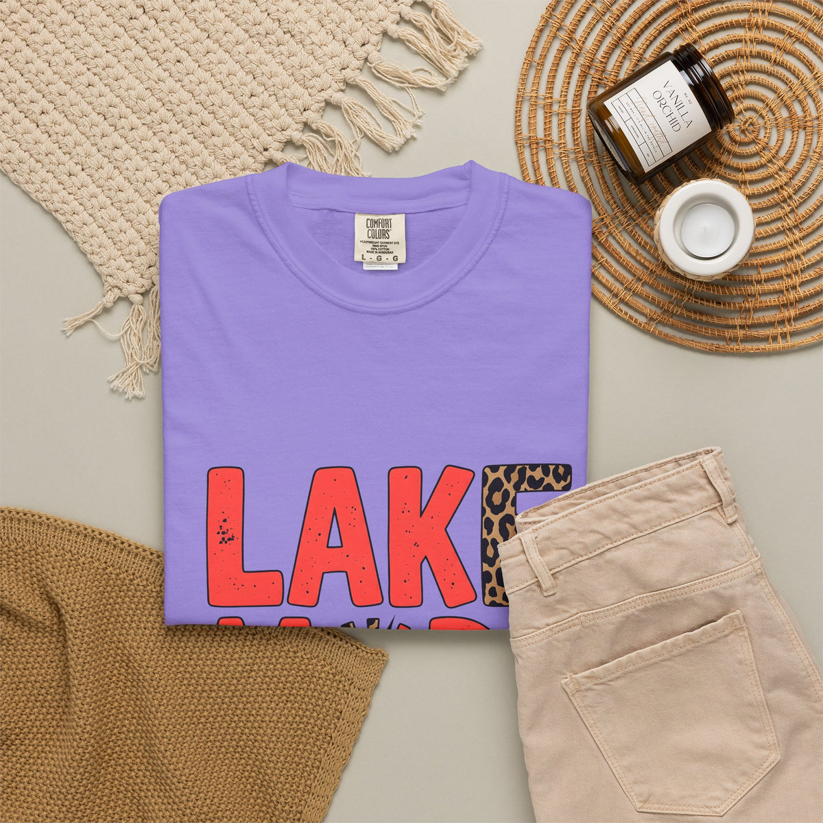Bold Animal Print Text T-Shirt Lake Summer Gift Women Playful T-Shirt Typography T-Shirt Lakeside Fan Fun T-Shirt Vacation Graphic Retro Leopard
