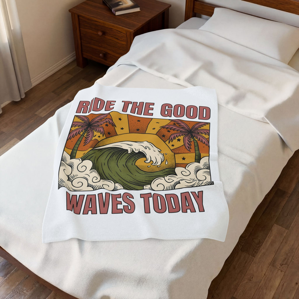 Sea Surf Blanket Surfing Seaside Gift Women Retro Blanket Wave Blanket Surfer Fan Vintage Blanket Coastal Graphic Hand Drawn Tropical Palms Blanket