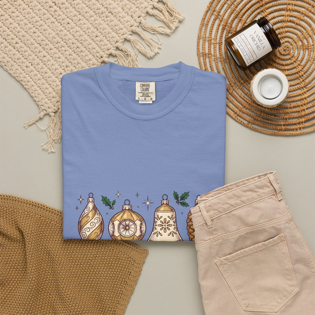 Festive Ornaments T-Shirt Christmas Event Gift Women Line Art T-Shirt Baubles T-Shirt Xmas Fan Illustration Graphic T-Shirt Hand Painted Pine