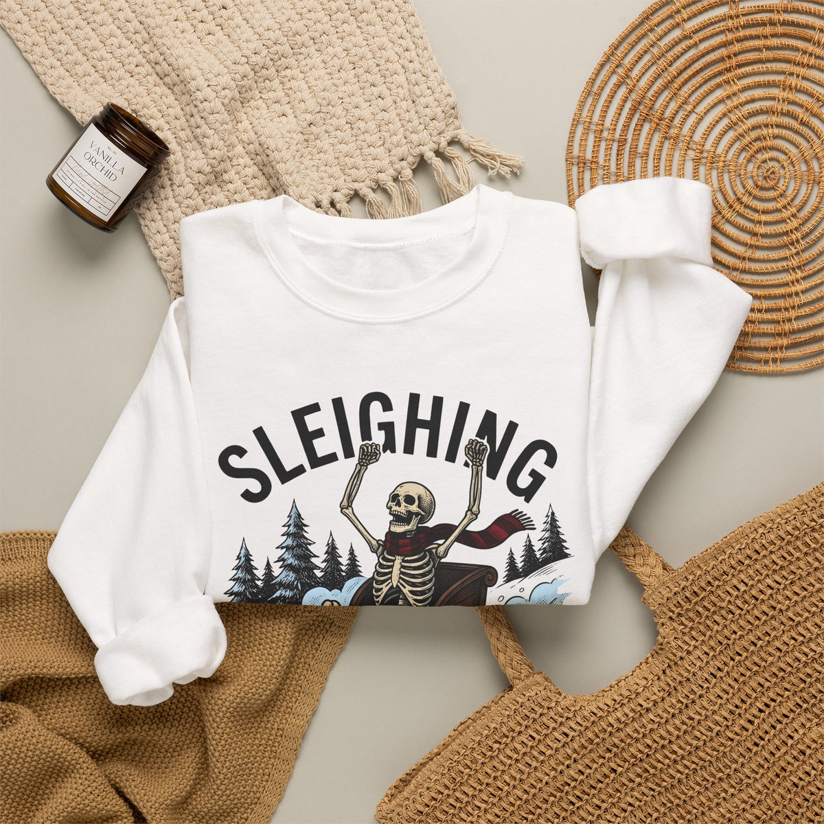 Bone Sleigh Sweatshirt Christmas Comedy Gift Women Shabby Chic Sweatshirt Sleigh Bell Sweatshirt Xmas Fan Distressed Sweatshirt Humor Graphic Doodle Fir Trees