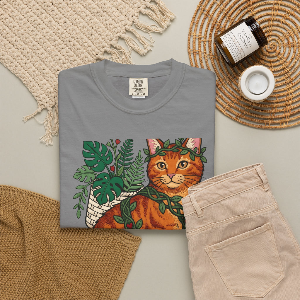 Ginger Cat T-Shirt Cat Wildlife Gift Women Floral T-Shirt Orange Cat T-Shirt Cat Fan Feline Graphic T-Shirt Sketch Indoor Plants T-Shirt