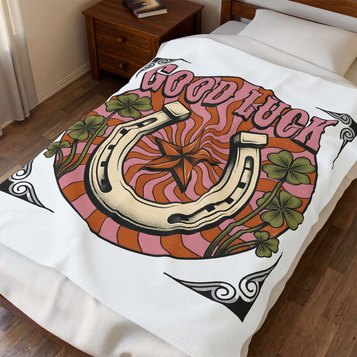 Star Horseshoe Blanket Cowgirl Ranch Gift Women Old School Blanket Horseshoe Blanket Cowboy Fan Rodeo Blanket Farm Design Hand Drawn Four Leaf