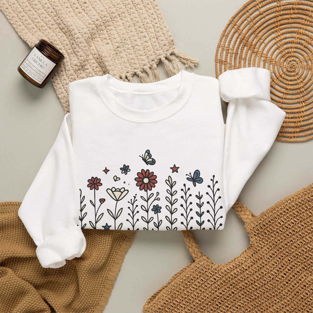 Floral Home Graphic Sweatshirt America Patriotic Gift Women Boho Sweatshirt Home Decor Sweatshirt American Fan Bohemian Sweatshirt Star Graphic Retro Butterfly