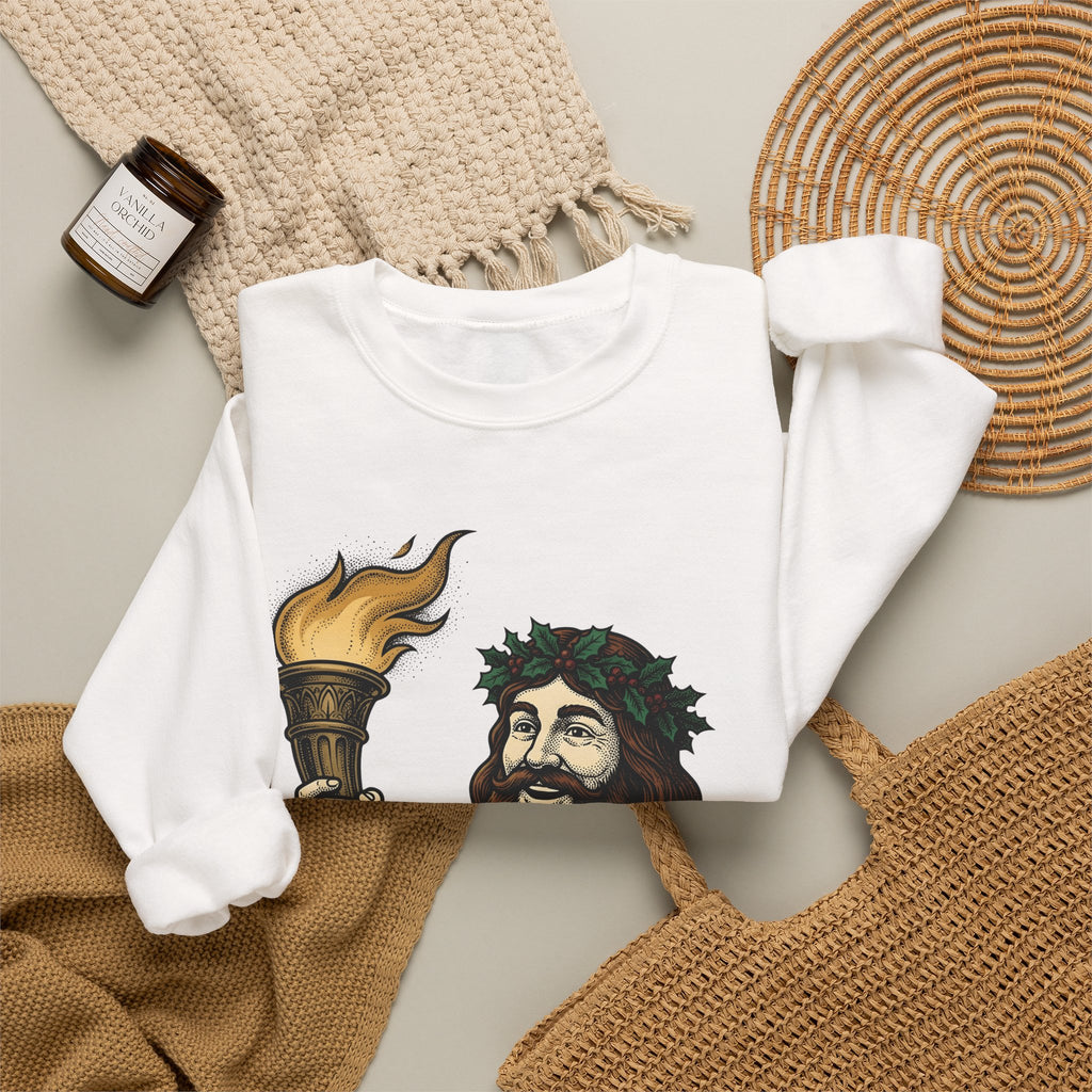Santa Torch Sweatshirt Christmas Holiday Gift Women Vintage Sweatshirt Torch Sweatshirt Christmas Fan Retro Sweatshirt Seasonal Graphic Hand Drawn Holly Crown