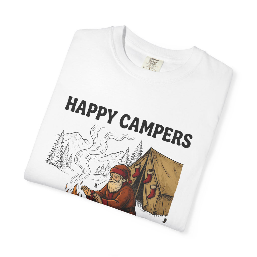 Santa Campfire T-Shirt Christmas Hiking Gift Women Rustic T-Shirt Krampus T-Shirt Xmas Fan Holiday Trek Graphic T-Shirt Line Art Camping Tent