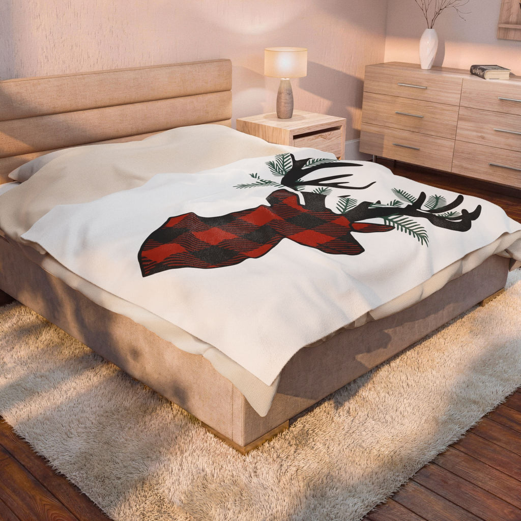 Tartan Elk Blanket Christmas Nature Gift Women Country Blanket Plaid Elk Blanket Xmas Fan Rustic Blanket Wilderness Graphic Antique Pine Twigs