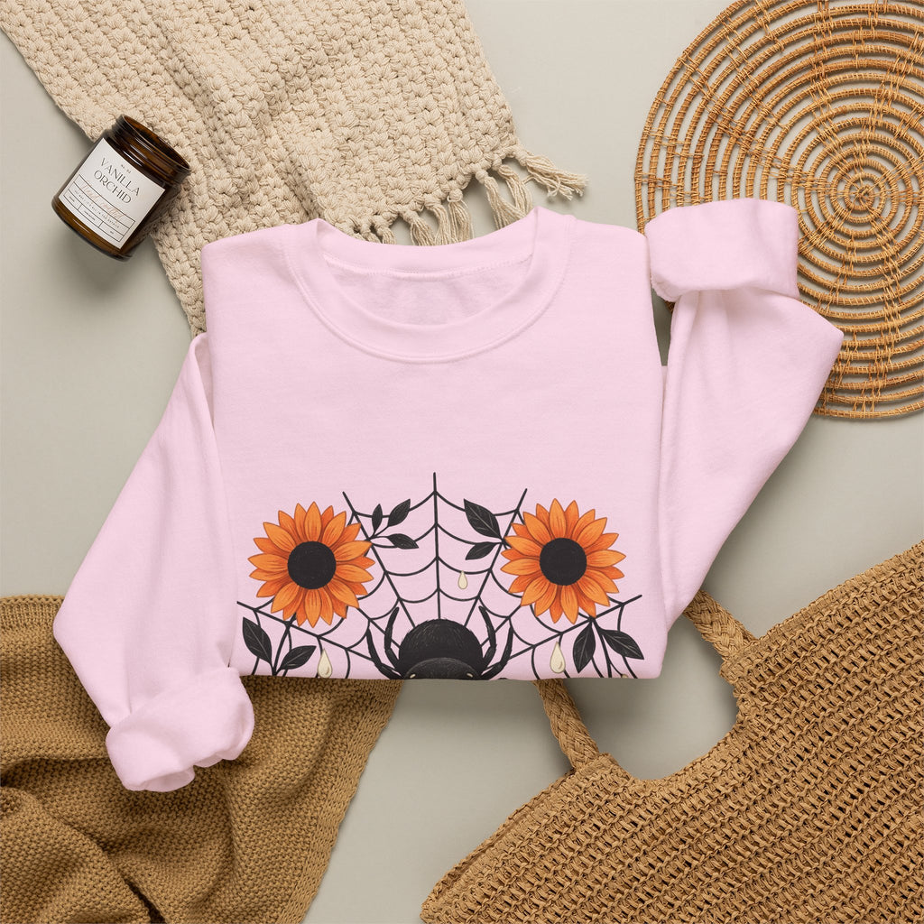 Spider Web Sunflower Sweatshirt Boho Chic Autumn Gift Women Cartoon Sweatshirt Sunflower Sweatshirt Hippie Fan Comic Sweatshirt Fall Graphic Doodle Petal