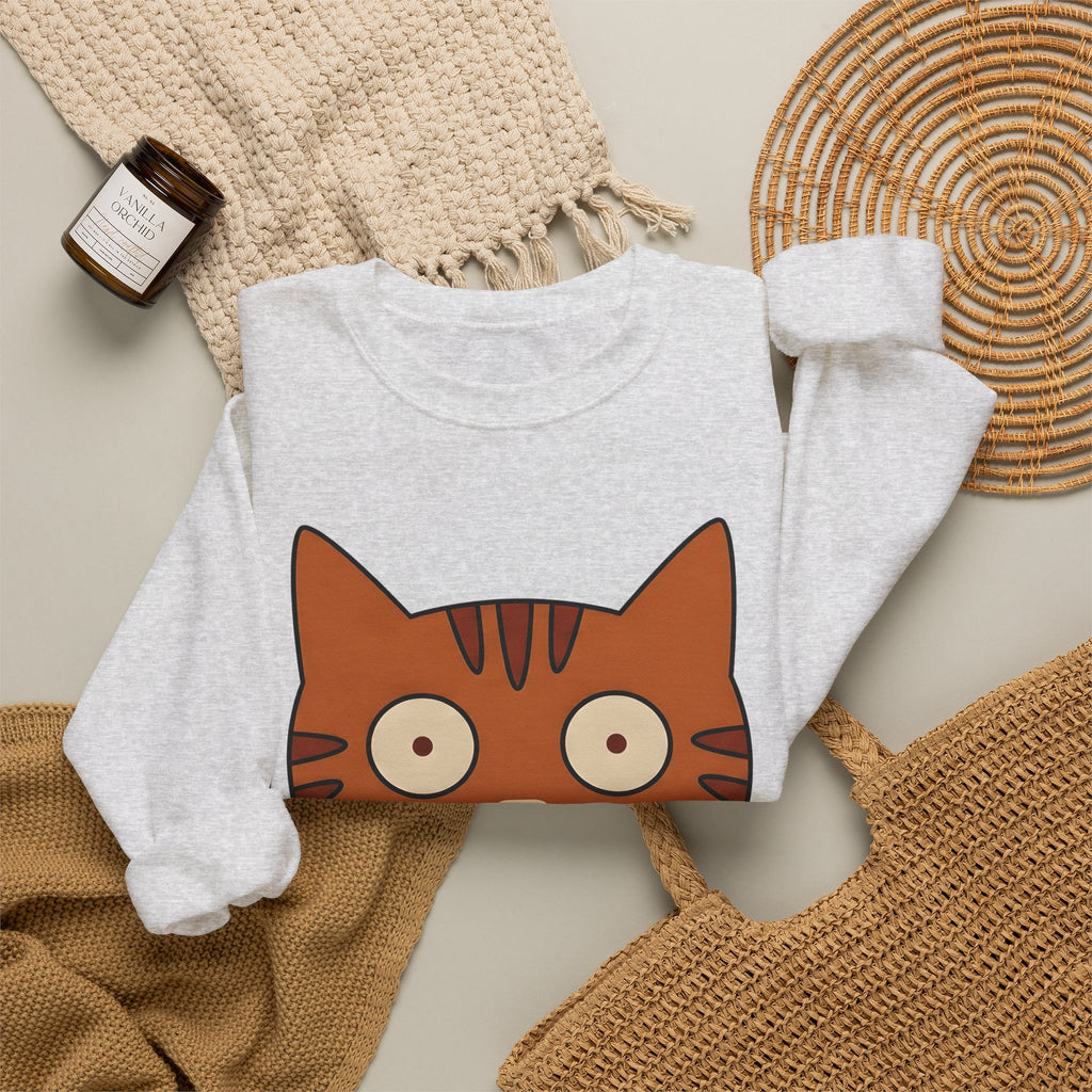 Cat Face Sweatshirt Cat Humor Gift Women Cartoon Sweatshirt Kitten Sweatshirt Cat Fan Toon Sweatshirt Funny Graphic Minimalist Wide Eyes Sweatshirt