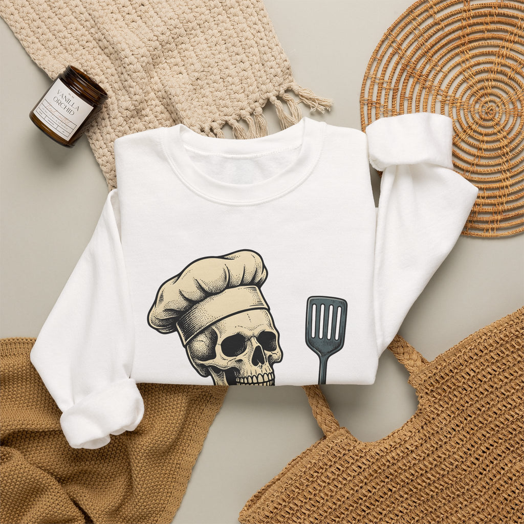 Skeleton Cook Sweatshirt Barbecue Fun Gift Women Classic Sweatshirt Skeleton Sweatshirt Bbq Fan Vintage Sweatshirt Humor Graphic Line Art Grill Spatula Sweatshirt