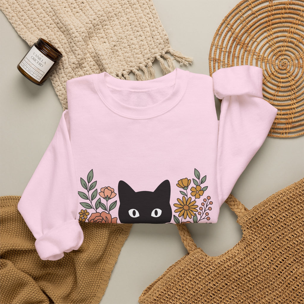 Black Cat Sweatshirt Halloween Garden Gift Women Print Art Sweatshirt Cat Sweatshirt Horror Fan Graphic Sweatshirt Yard Graphic Classic Flower Arrangement