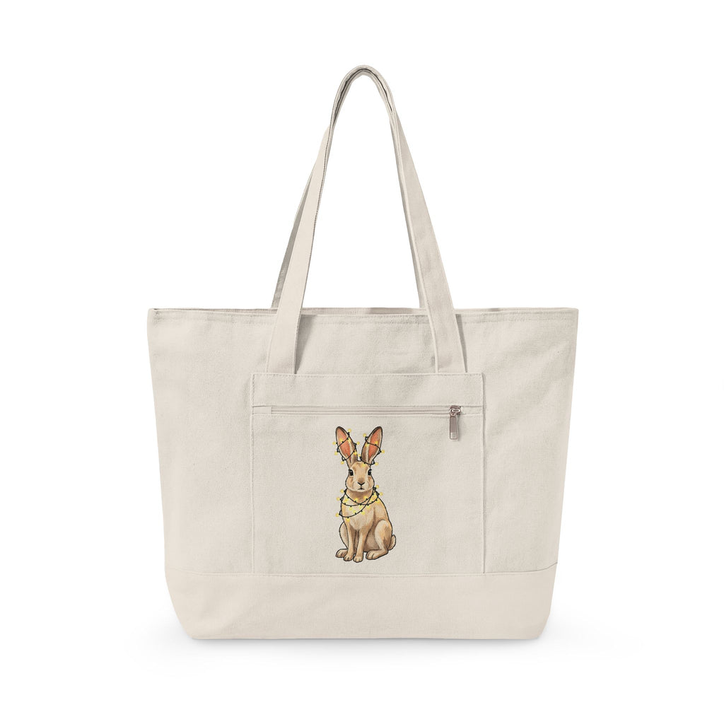 Bunny Tote Bag Animals Holiday Gift Women Cute Tote Bag Rabbit Tote Bag Pet Fan Cute Tote Bag Christmas Graphic Hand Drawn String Lights Tote Bag