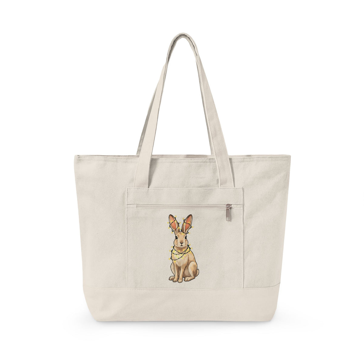 Bunny Tote Bag Animals Holiday Gift Women Cute Tote Bag Rabbit Tote Bag Pet Fan Cute Tote Bag Christmas Graphic Hand Drawn String Lights Tote Bag