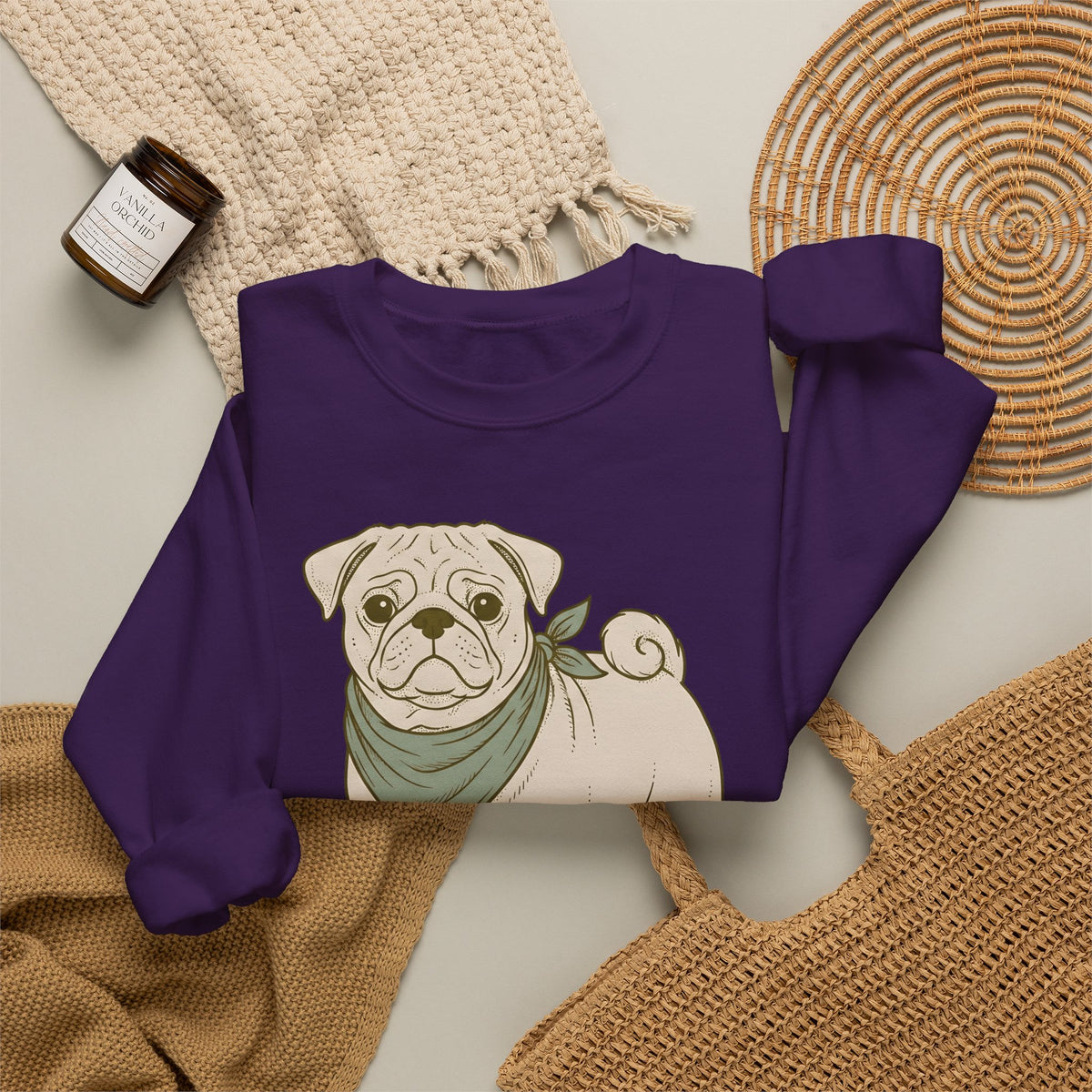Pug Dog Sweatshirt Dog Pets Gift Women Hand Drawn Sweatshirt Puggle Sweatshirt Dog Fan Mop Dog Graphic Pet Design Illustration Minimalist Bandana Sweatshirt