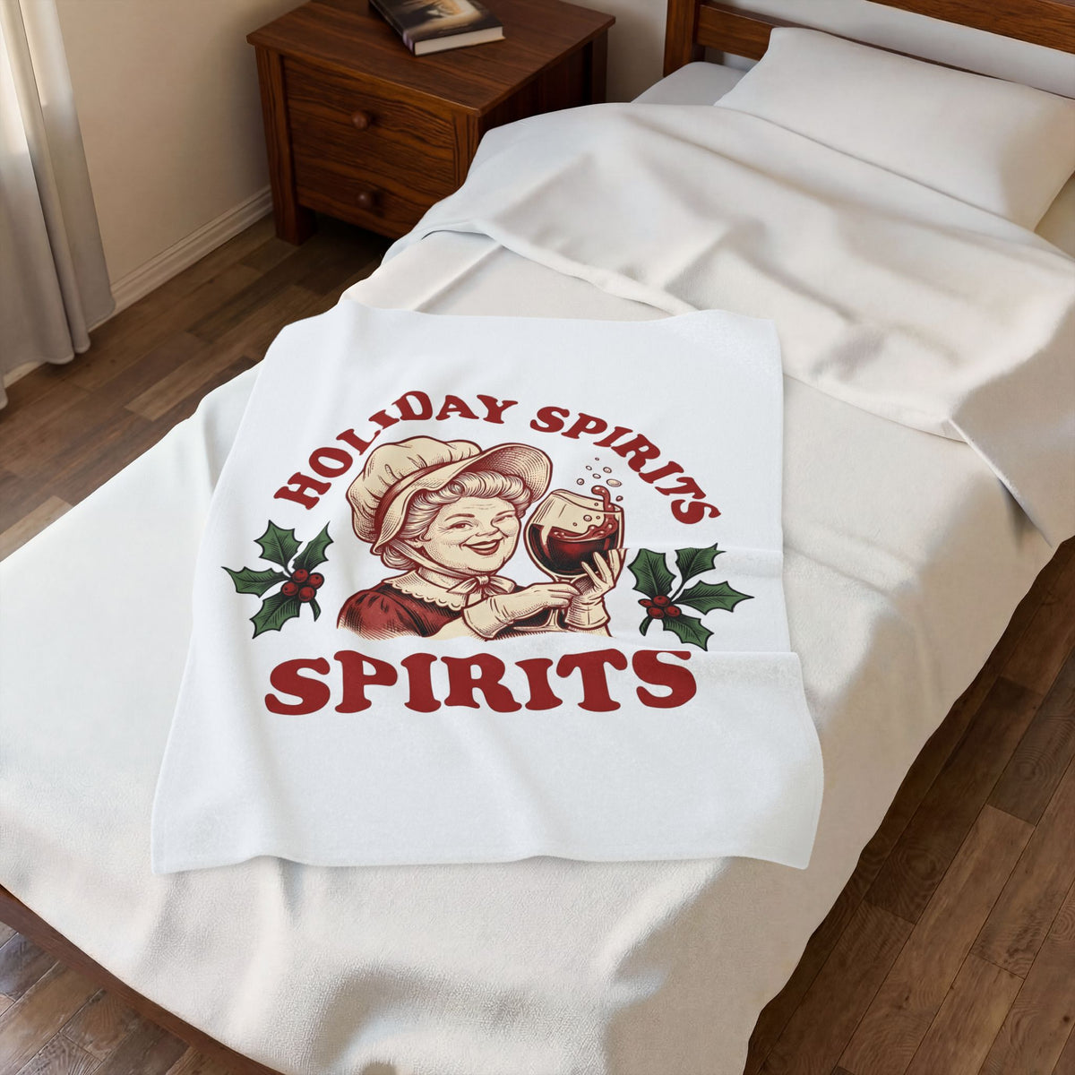 Cheerful Woman Wine Blanket Christmas Fun Gift Women Cartoon Blanket Wine Blanket Xmas Fan Comic Blanket Humor Graphic Line Art Winter Greenery