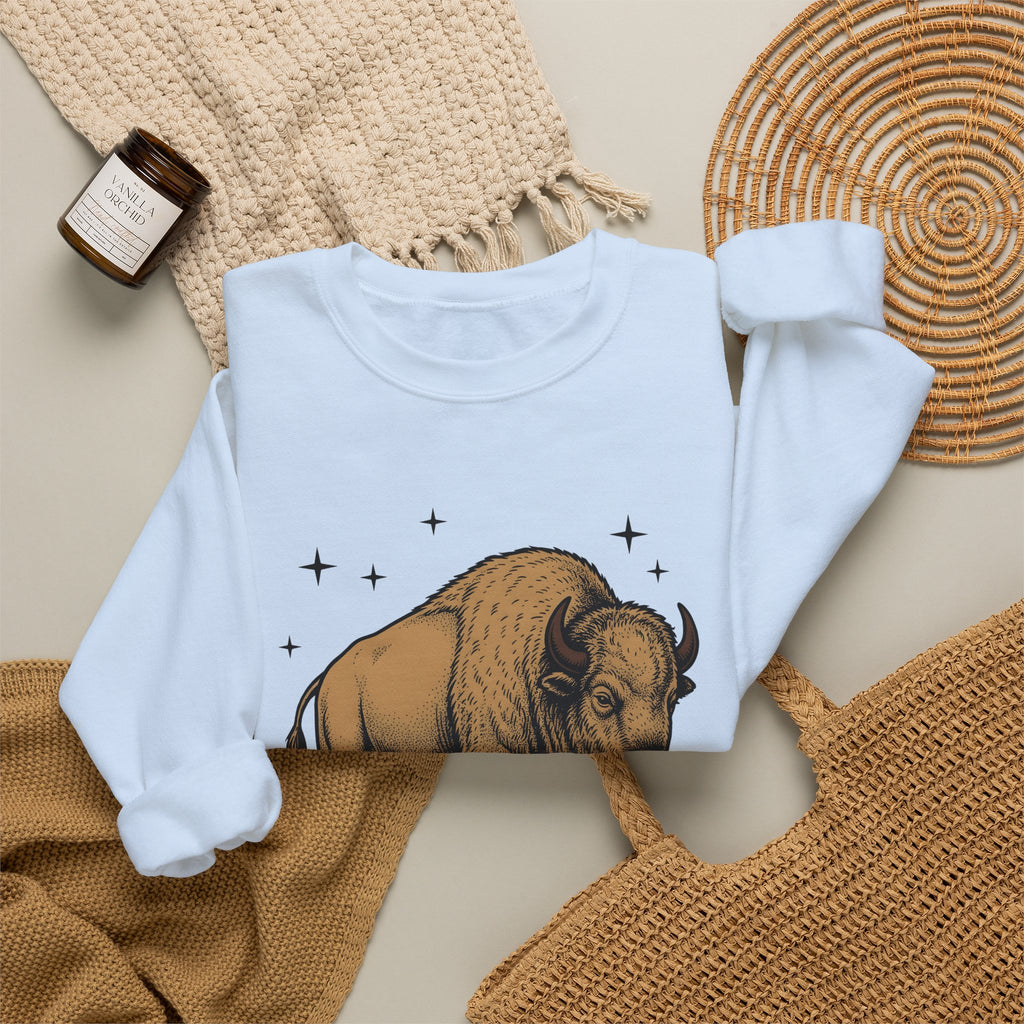 Buffalo Art Sweatshirt Animal Environment Gift Women Rustic Sweatshirt Bison Sweatshirt Wildlife Fan Primitive Sweatshirt Eco Graphic Line Art Star Symbols