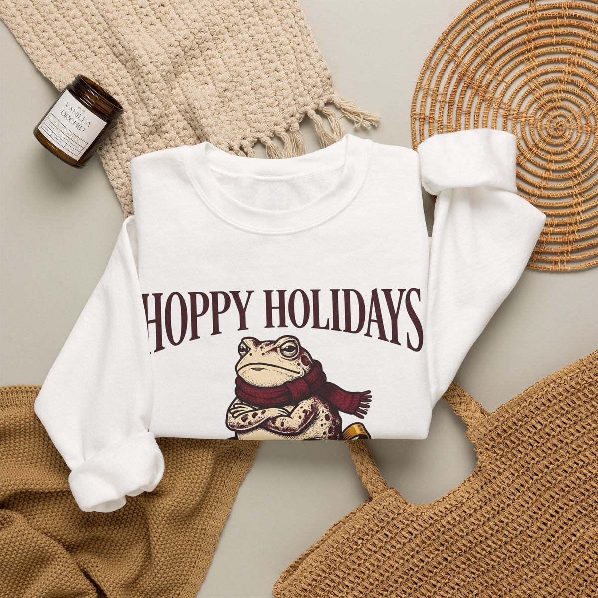 Frog Keepsake Sweatshirt Christmas Critters Gift Women Traditional Sweatshirt Toad Sweatshirt Xmas Fan Hand Drawn Sweatshirt Creature Graphic Outline Muffler