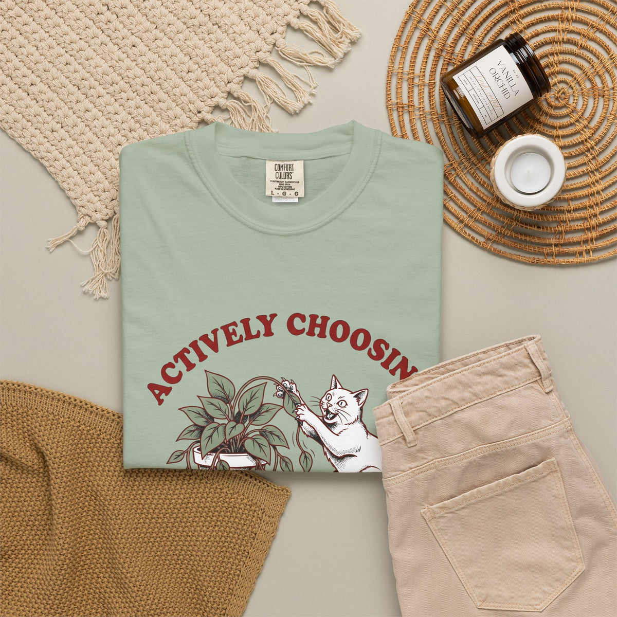 Feline Foliage T-Shirt Cat Comedy Gift Women Classic T-Shirt Cat Foliage T-Shirt Cat Fan Vintage T-Shirt Humor Graphic Ink Drawing Potted Plant