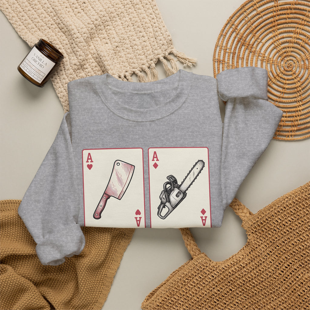 Spooky Card Deck Sweatshirt Halloween Fright Gift Women Hand Drawn Sweatshirt Tarot Card Sweatshirt Horror Fan Illustrated Sweatshirt Scary Graphic Cartoon