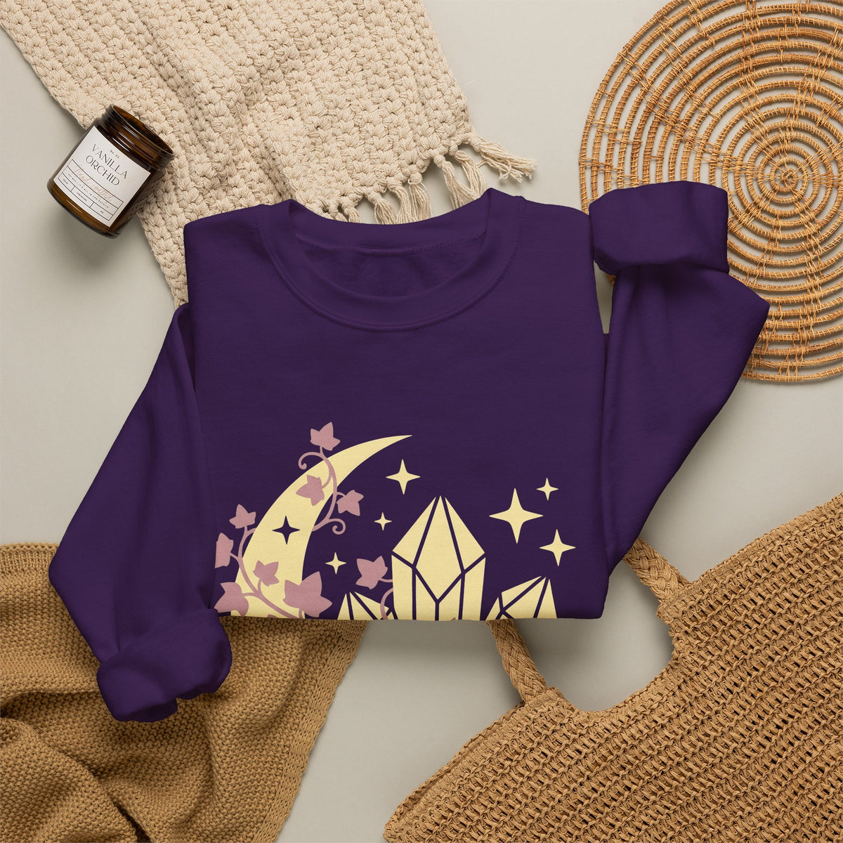 Moon Gems Sweatshirt Boho Chic Wellness Gift Women Starry Sweatshirt Lunar Stones Sweatshirt Bohemian Fan Celestial Sweatshirt Holistic Graphic Sleek Greenery