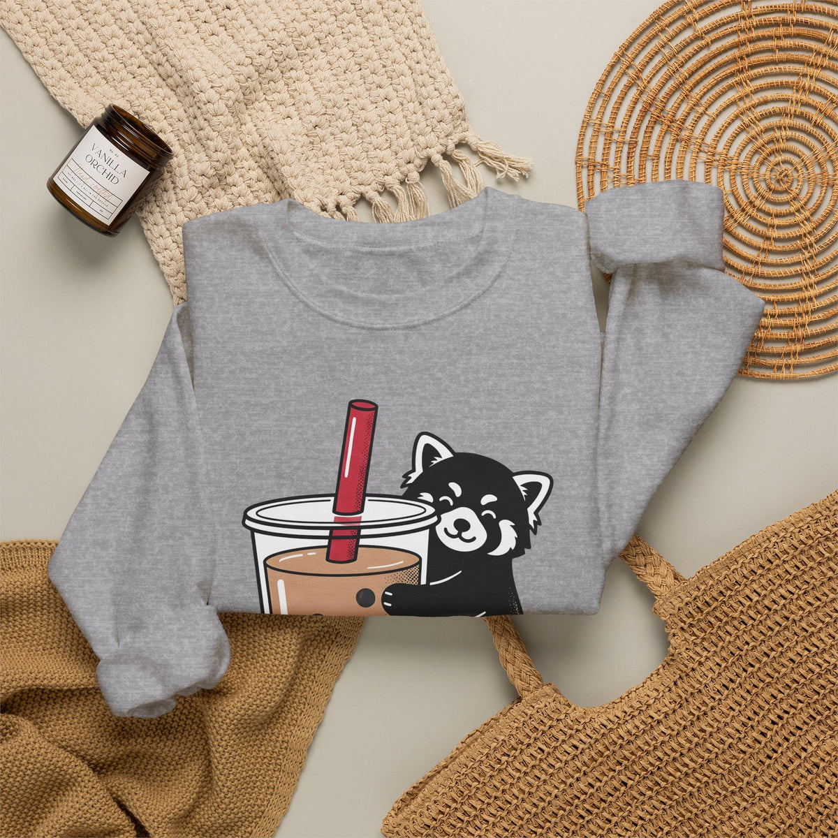 Red Panda Drink Sweatshirt Boba Wildlife Gift Women Adorable Sweatshirt Panda Drink Sweatshirt Bubble Tea Fan Cute Sweatshirt Animal Graphic Animated Milk Tea