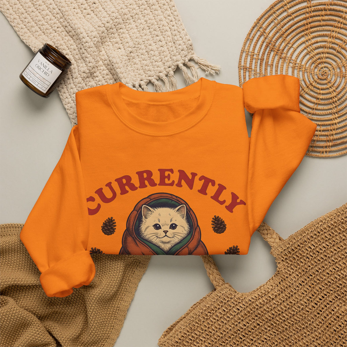 Warm Cat Sweatshirt Cat Backpacking Gift Women Farmhouse Sweatshirt Kitty Sweatshirt Feline Fan Rustic Sweatshirt Hiking Graphic Line Art Conifer Cones Sweatshirt