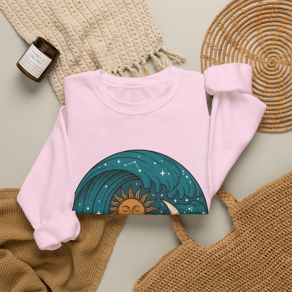 Sun Moon Sea Celestial Horoscope Gift Folk Ocean Astrology Enthusiast Bohemian Zodiac Rustic Star Sweatshirt