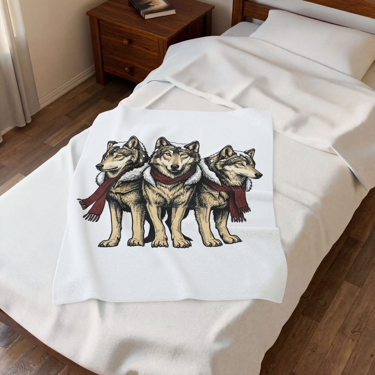 Wolf Trio Blanket Christmas Animal Gift Women Hand Drawn Blanket Pack Blanket Xmas Fan Illustrated Blanket Creature Graphic Vintage Scarf Blanket