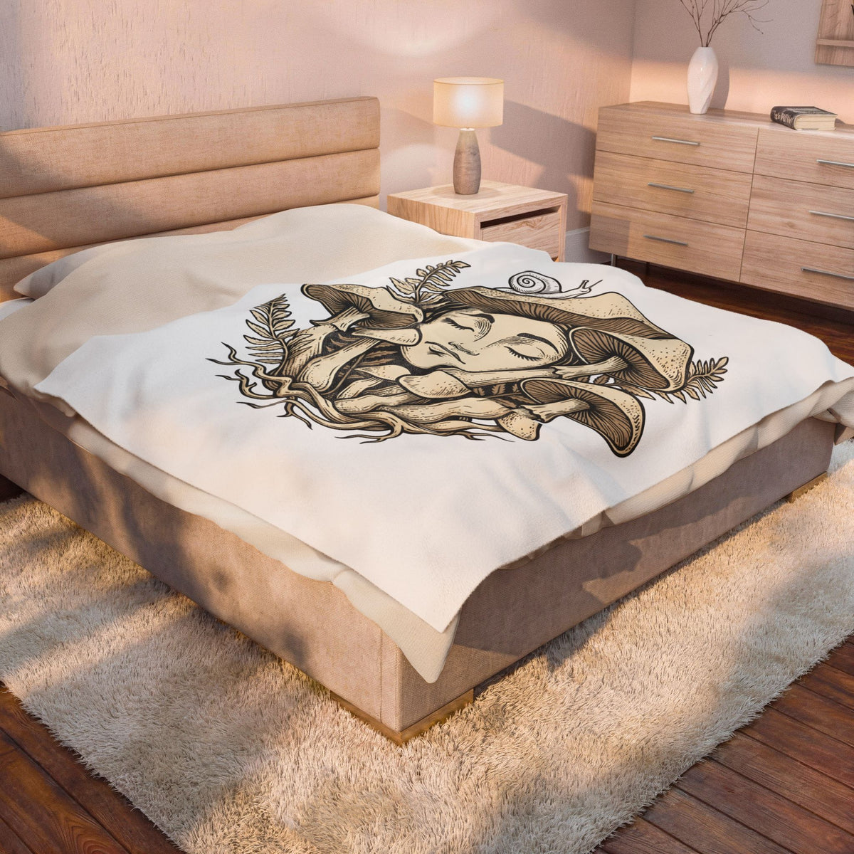 Mushroom Woman Blanket Boho Chic Nature Gift Women Line Art Blanket Fungus Blanket Hippie Fan Minimalist Blanket Earth Graphic Vintage Snail Blanket