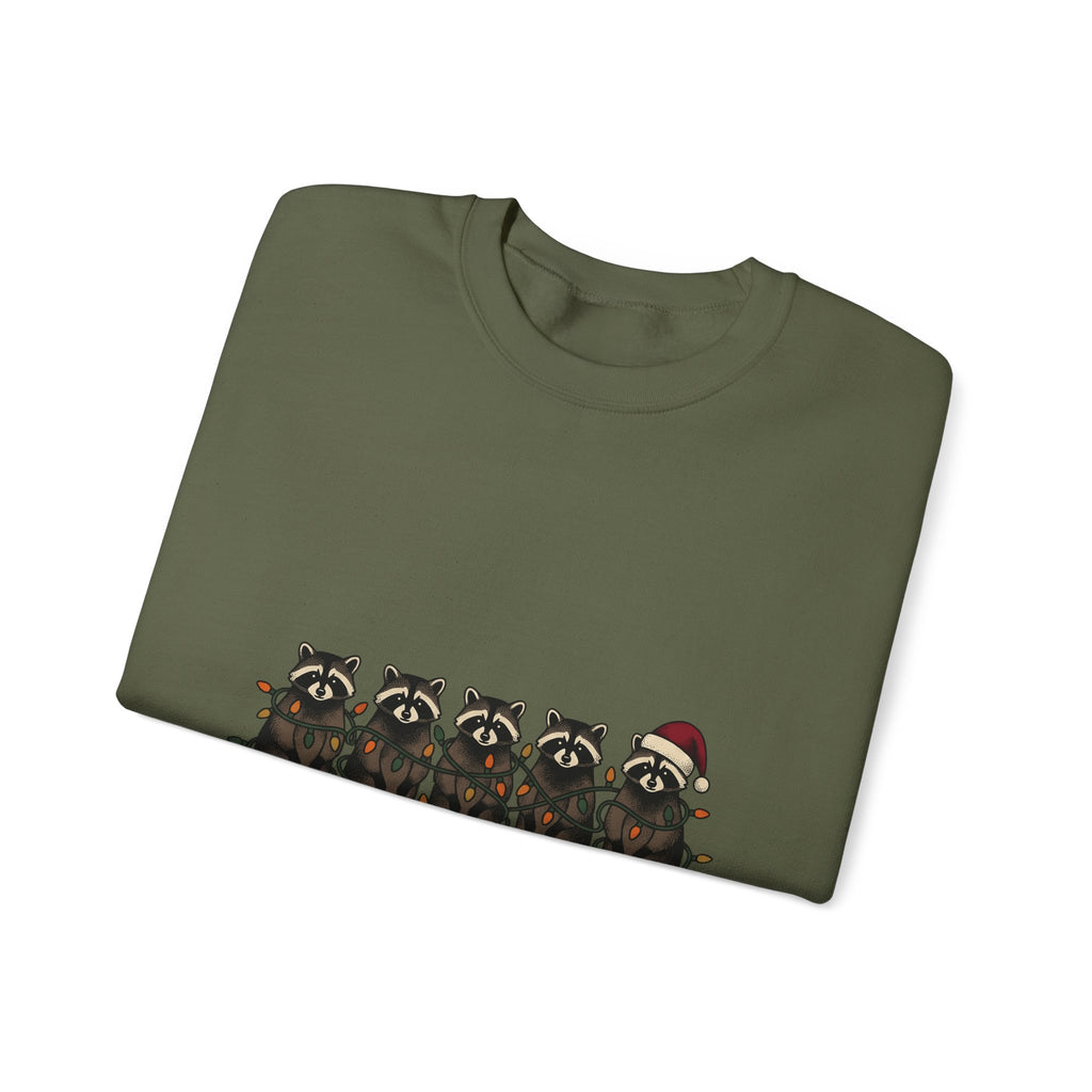 Raccoon Pack Sweatshirt Christmas Wildlife Gift Women Comic Sweatshirt Trash Panda Sweatshirt Xmas Fan Cartoon Sweatshirt Animal Graphic Retro Holiday Lights