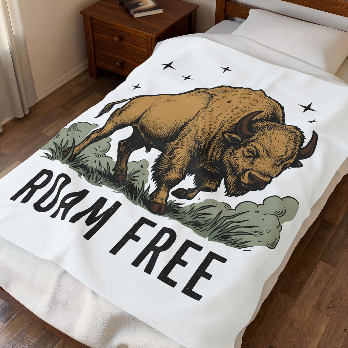 Buffalo Art Blanket Animal Environment Gift Women Rustic Blanket Bison Blanket Wildlife Fan Primitive Blanket Eco Graphic Line Art Star Symbols