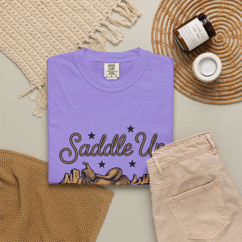 Leather Saddle T-Shirt Cowgirl Ranch Gift Women Distressed T-Shirt Saddle T-Shirt Cowboy Fan Saddlery T-Shirt Farm Graphic Line Art Succulent