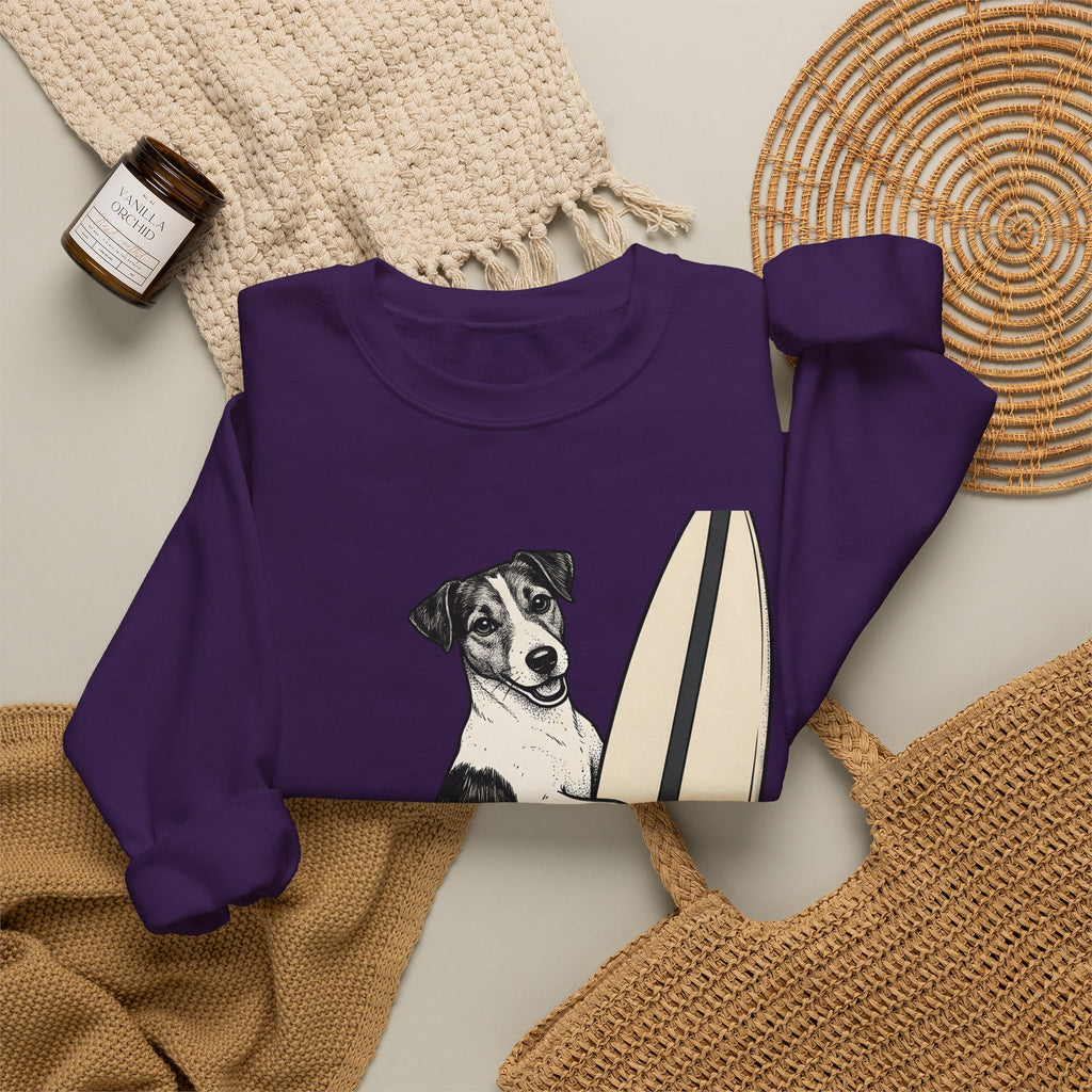 Dog On Surfboard Sweatshirt Dog Water Sports Gift Women Illustration Sweatshirt Puppy Sweatshirt Dog Fan Cartoon Sweatshirt Surfing Graphic Drawing Seaside