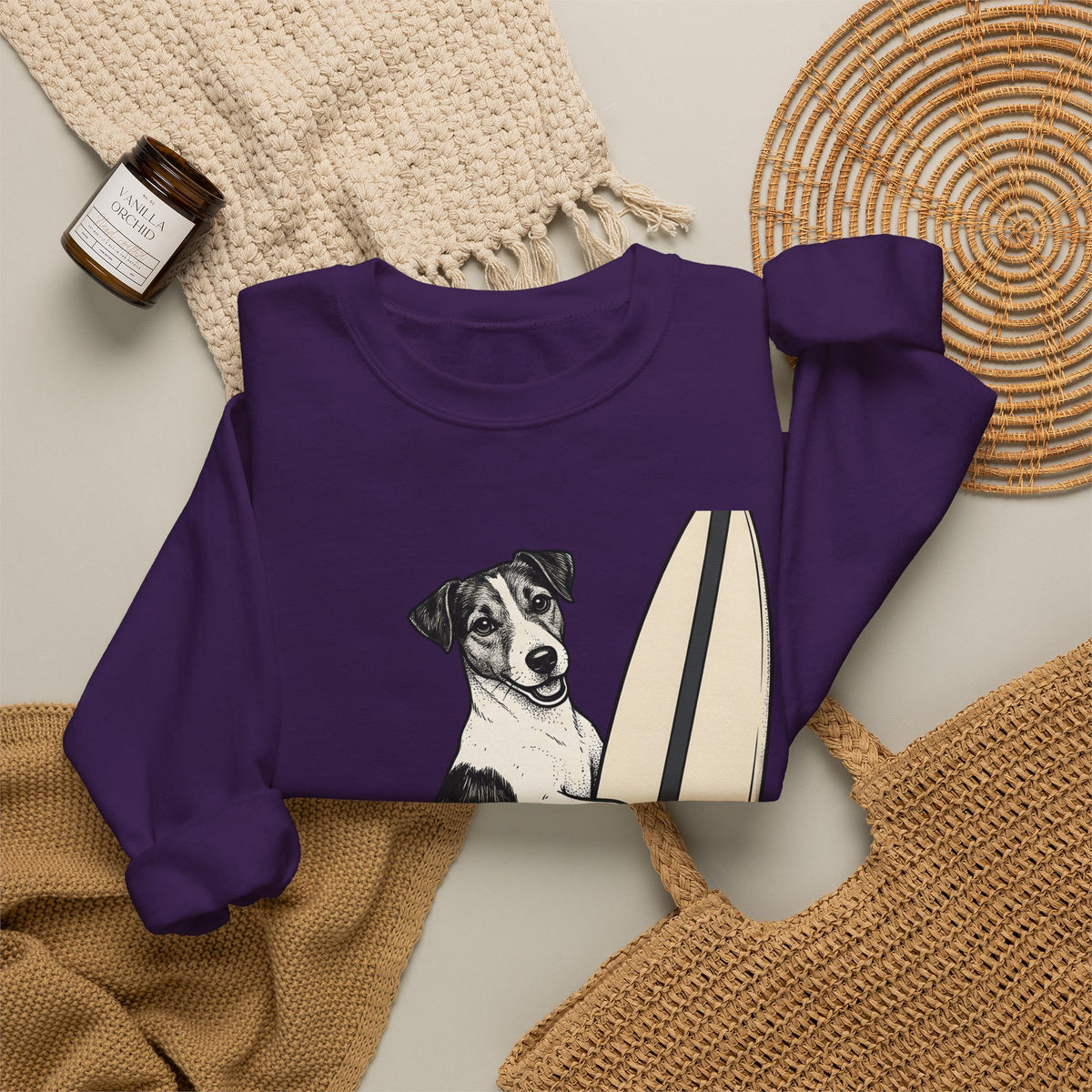 Dog On Surfboard Sweatshirt Dog Water Sports Gift Women Illustration Sweatshirt Puppy Sweatshirt Dog Fan Cartoon Sweatshirt Surfing Graphic Drawing Seaside
