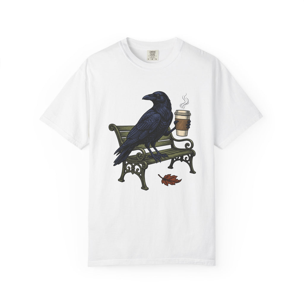 Raven Coffee T-Shirt Coffee Animal Gift Women Vintage T-Shirt Coffee T-Shirt Coffee Fan Retro T-Shirt Wildlife Graphic Hand Drawn Park Bench T-Shirt