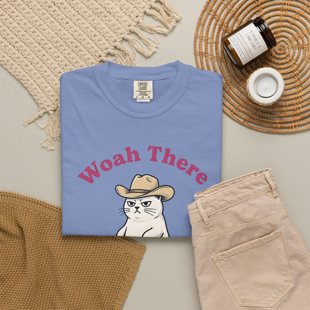 Cowboy Feline T-Shirt Funny Critter Gift Women Hand Drawn T-Shirt Cat T-Shirt Humor Fan Illustrated T-Shirt Animal Graphic Classic Headwear T-Shirt