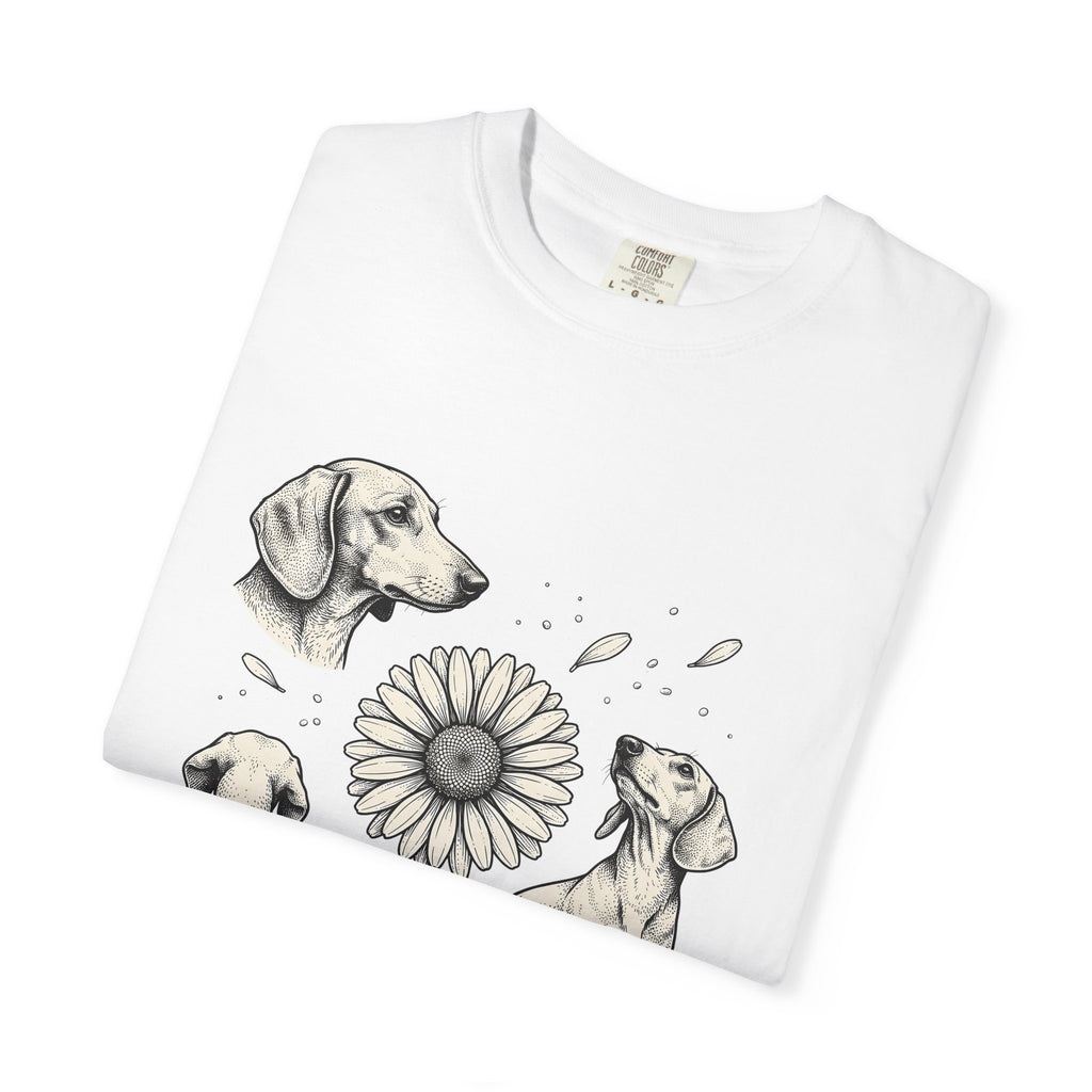 Dachshund Dog T-Shirt Dog Floral Gift Women Hand Drawn T-Shirt Wiener Dog T-Shirt Dog Fan Illustrated Design Vintage Daisy Flower T-Shirt