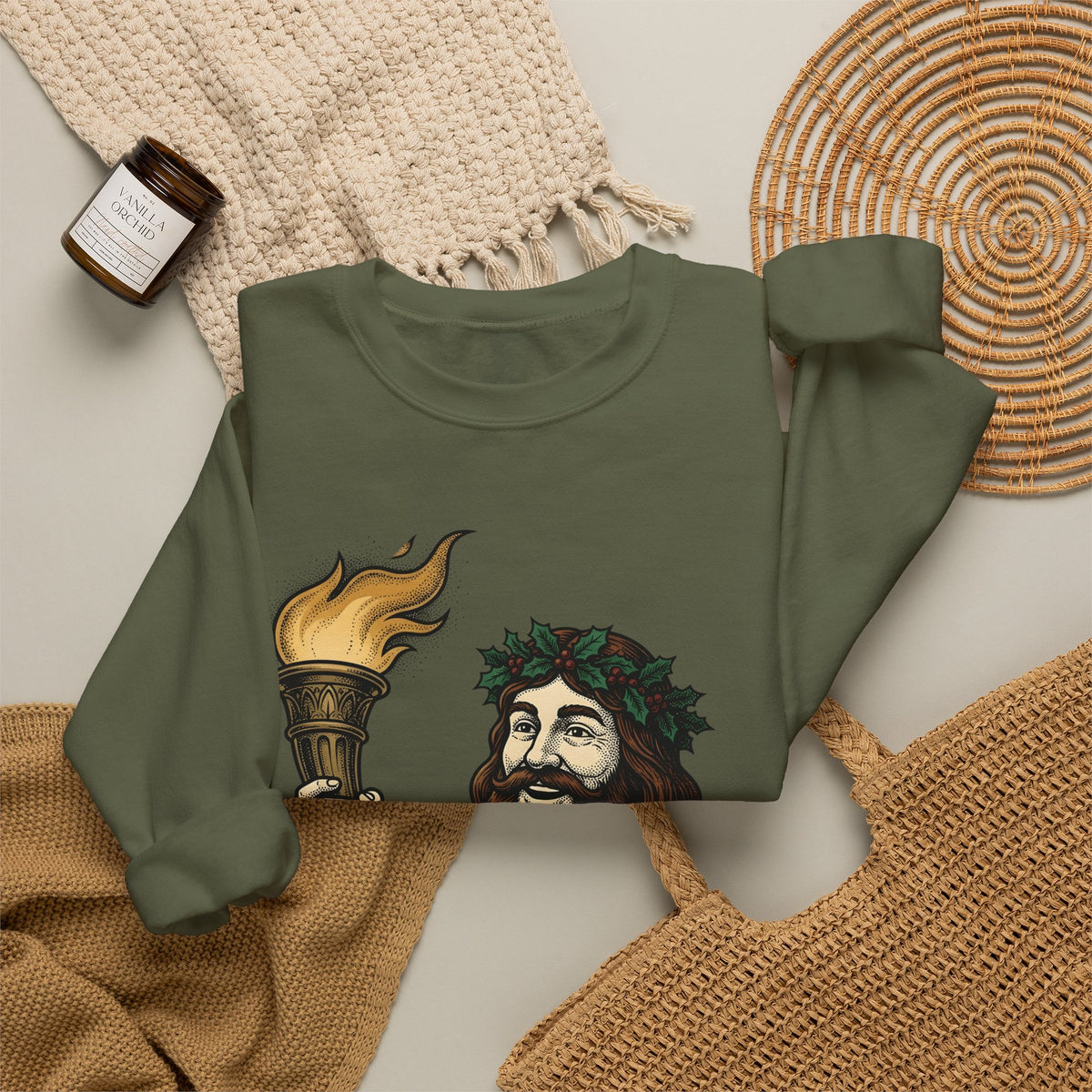 Santa Torch Sweatshirt Christmas Holiday Gift Women Vintage Sweatshirt Torch Sweatshirt Christmas Fan Retro Sweatshirt Seasonal Graphic Hand Drawn Holly Crown
