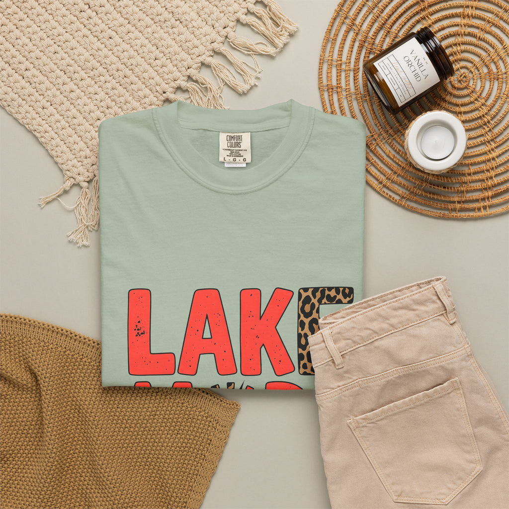 Bold Animal Print Text T-Shirt Lake Summer Gift Women Playful T-Shirt Typography T-Shirt Lakeside Fan Fun T-Shirt Vacation Graphic Retro Leopard