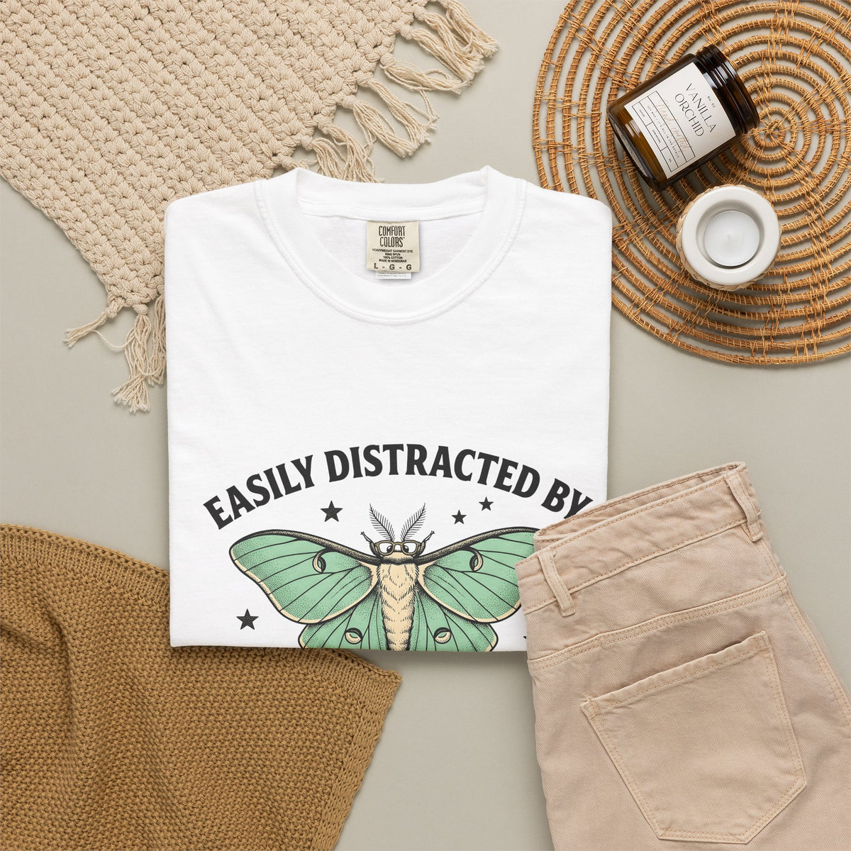 Luna Moth T-Shirt Funny Arthropod Gift Women Hand Painted T-Shirt Moth T-Shirt Humor Fan Hand Drawn T-Shirt Insect Graphic Cartoon Stars T-Shirt