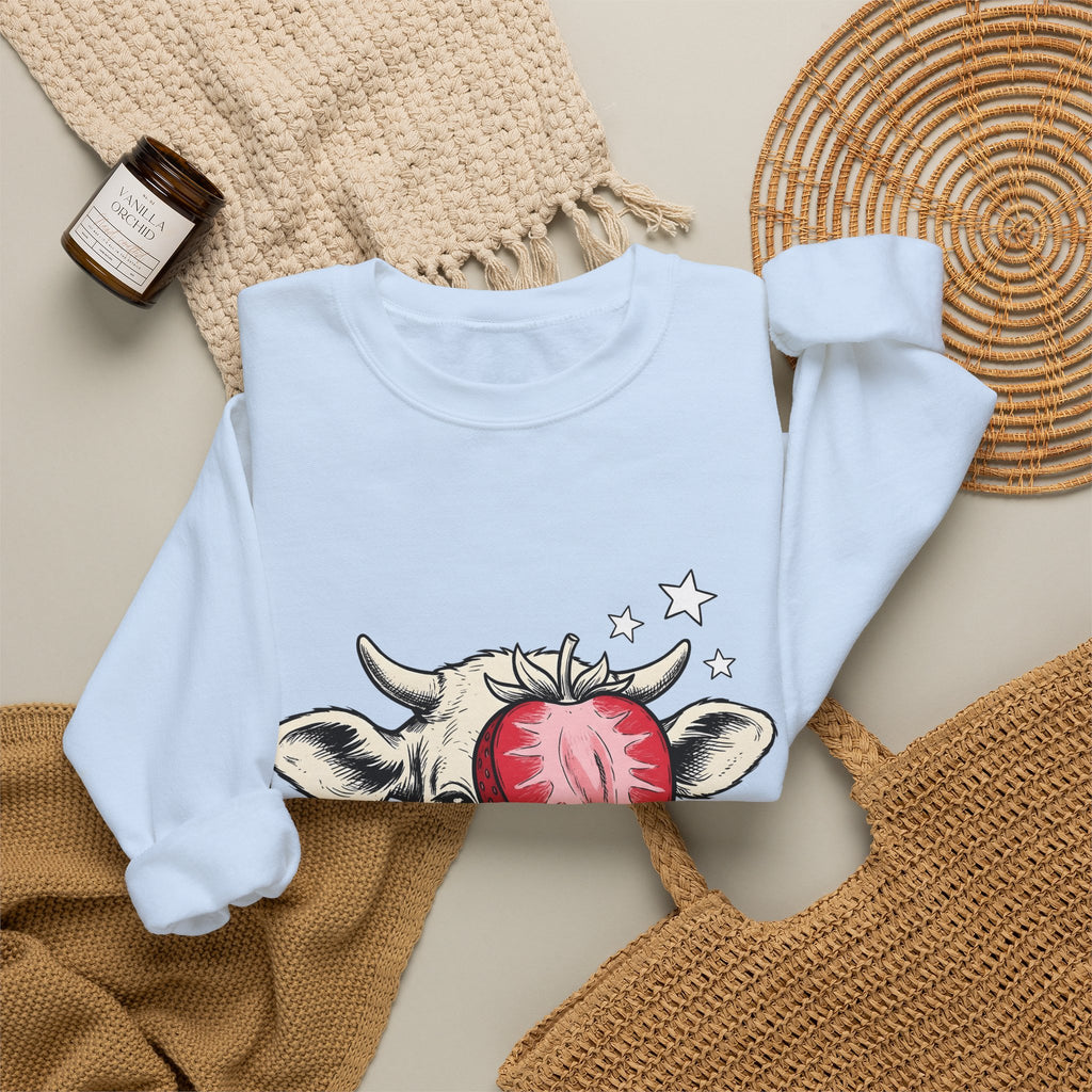 Cow Strawberry Sweatshirt Cute Animal Gift Women Hand Drawn Sweatshirt Cow Sweatshirt Adorable Fan Illustrated Sweatshirt Creature Graphic Whimsical Stars