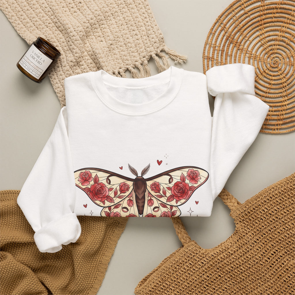 Moth Rose Sweatshirt St. Valentine's Day Floral Gift Women Boho Sweatshirt Rose Sweatshirt Valentine Fan Bohemian Sweatshirt Floral Graphic Tattoo Ribbon