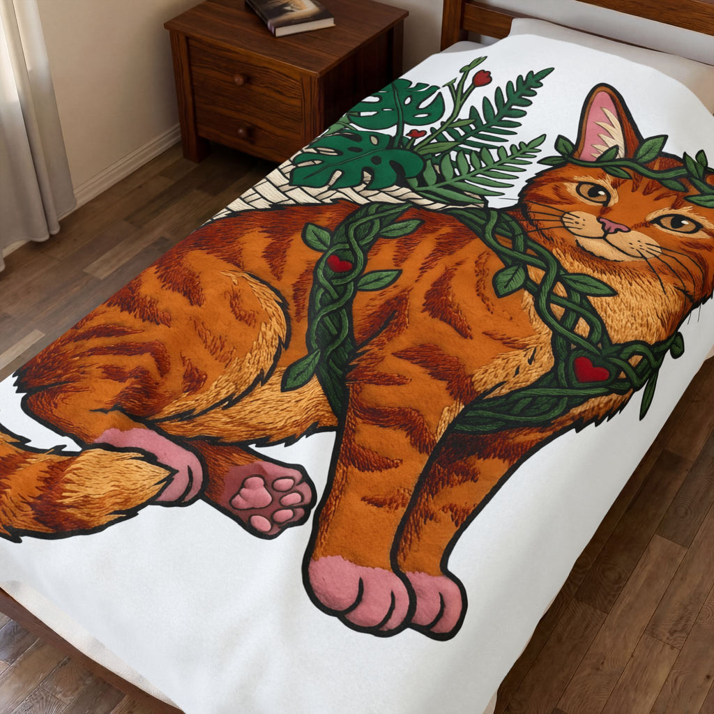 Ginger Cat Blanket Cat Wildlife Gift Women Floral Blanket Orange Cat Blanket Cat Fan Feline Graphic Blanket Sketch Indoor Plants Blanket