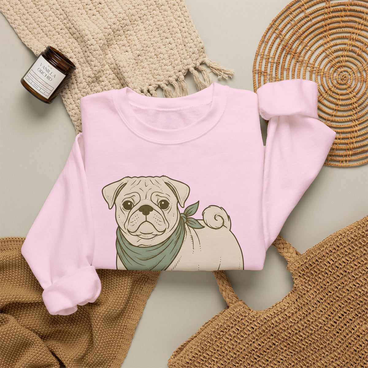 Pug Dog Sweatshirt Dog Pets Gift Women Hand Drawn Sweatshirt Puggle Sweatshirt Dog Fan Mop Dog Graphic Pet Design Illustration Minimalist Bandana Sweatshirt