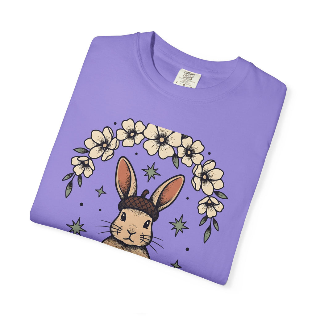 Peaceful Hare T-Shirt Yoga Critter Gift Women Folk T-Shirt Rabbit T-Shirt Yoga Enthusiast Folk Art T-Shirt Animal Graphic Line Art Garden Loop
