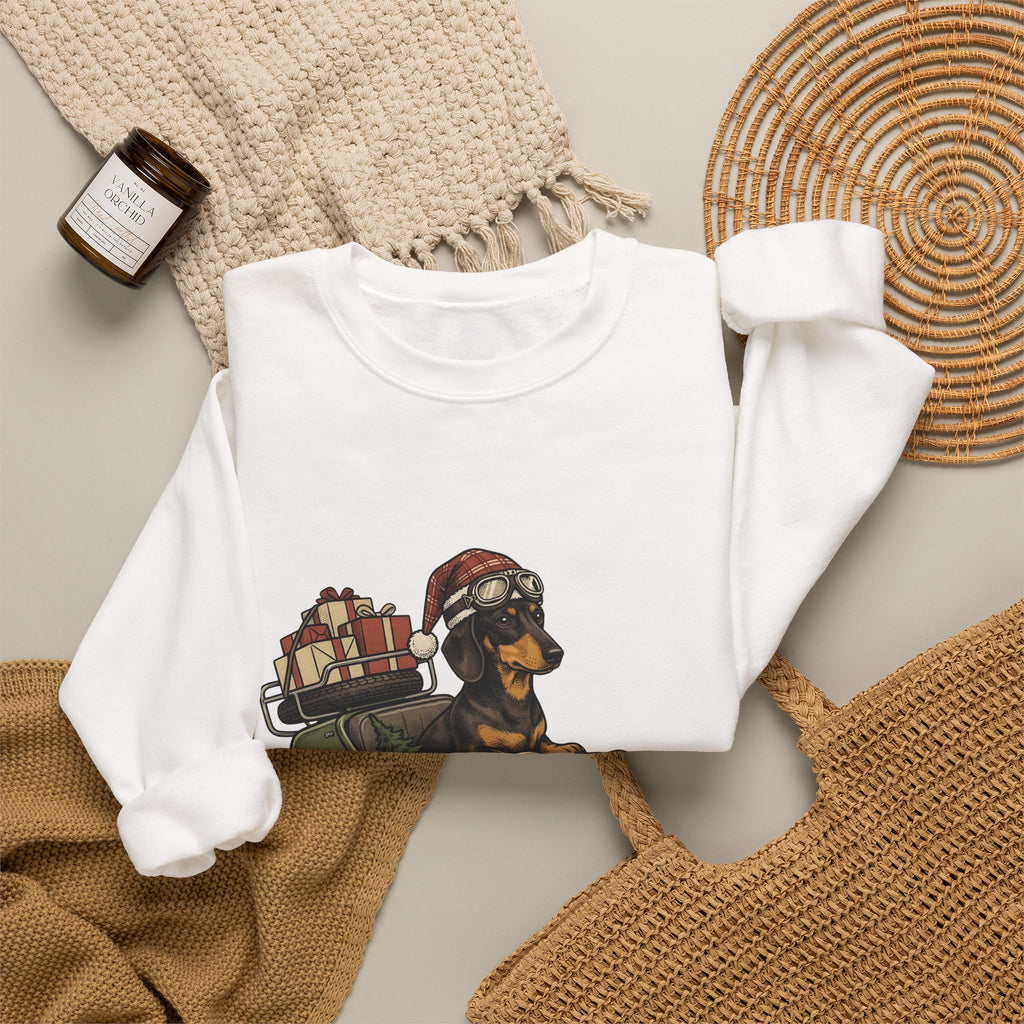 Wiener Dog Sweatshirt Christmas Creatures Gift Women Old School Sweatshirt Dachshund Sweatshirt Holiday Fan Retro Sweatshirt Animal Graphic Doodle Motorbike